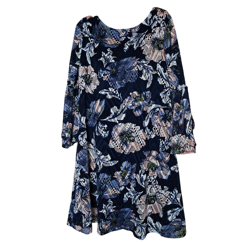 Westport Womens Navy Blue Pink Floral Lace Bell Sleeve‎ Shift Dress Size Small